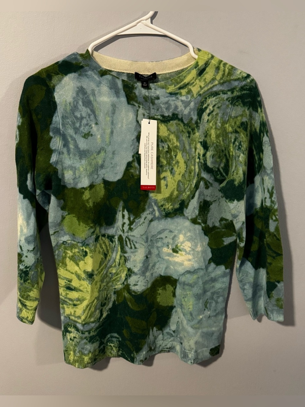 Talbots 100% Cashmere Sweater Petite Medium PM Green Blue Floral 3/4 Sleeve NWT